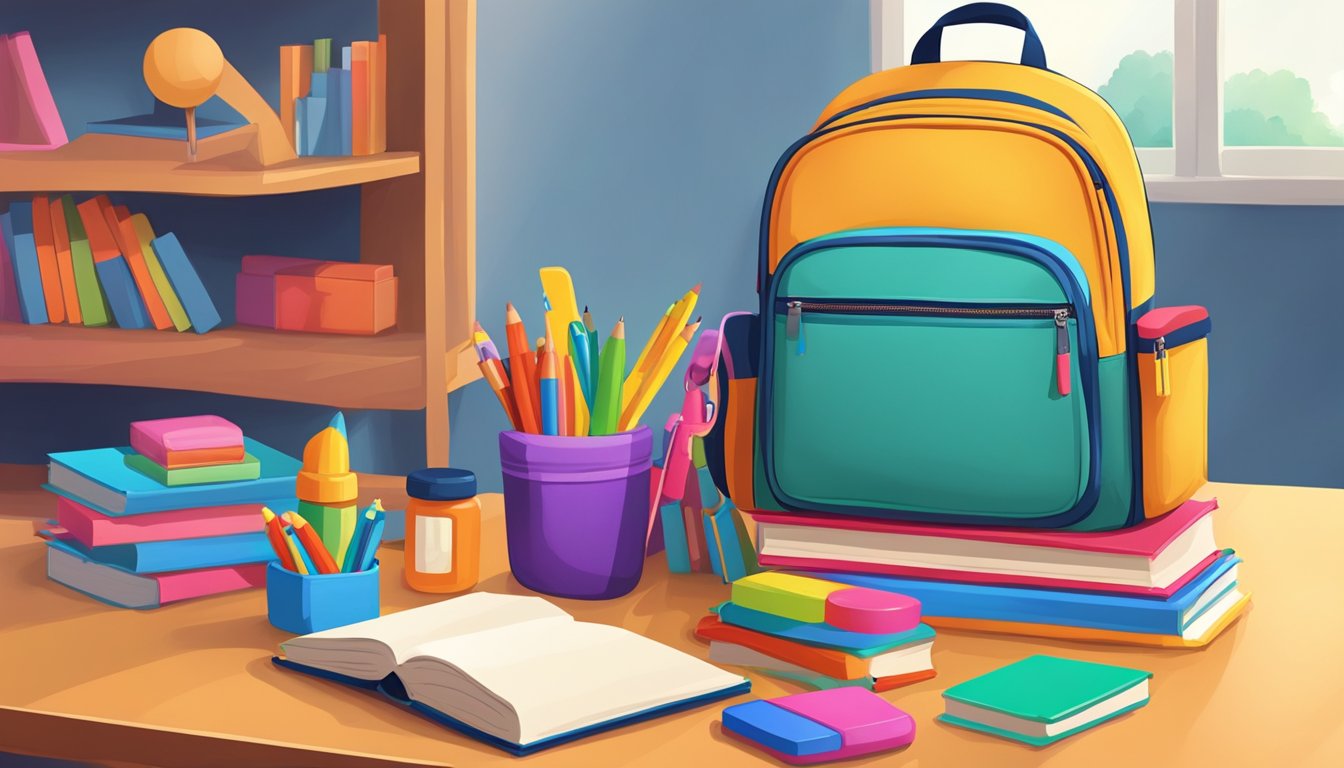 A young child's backpack and lunchbox sit next to a colorful, child-sized desk and chair. A stack of books and educational toys are arranged neatly on a nearby shelf