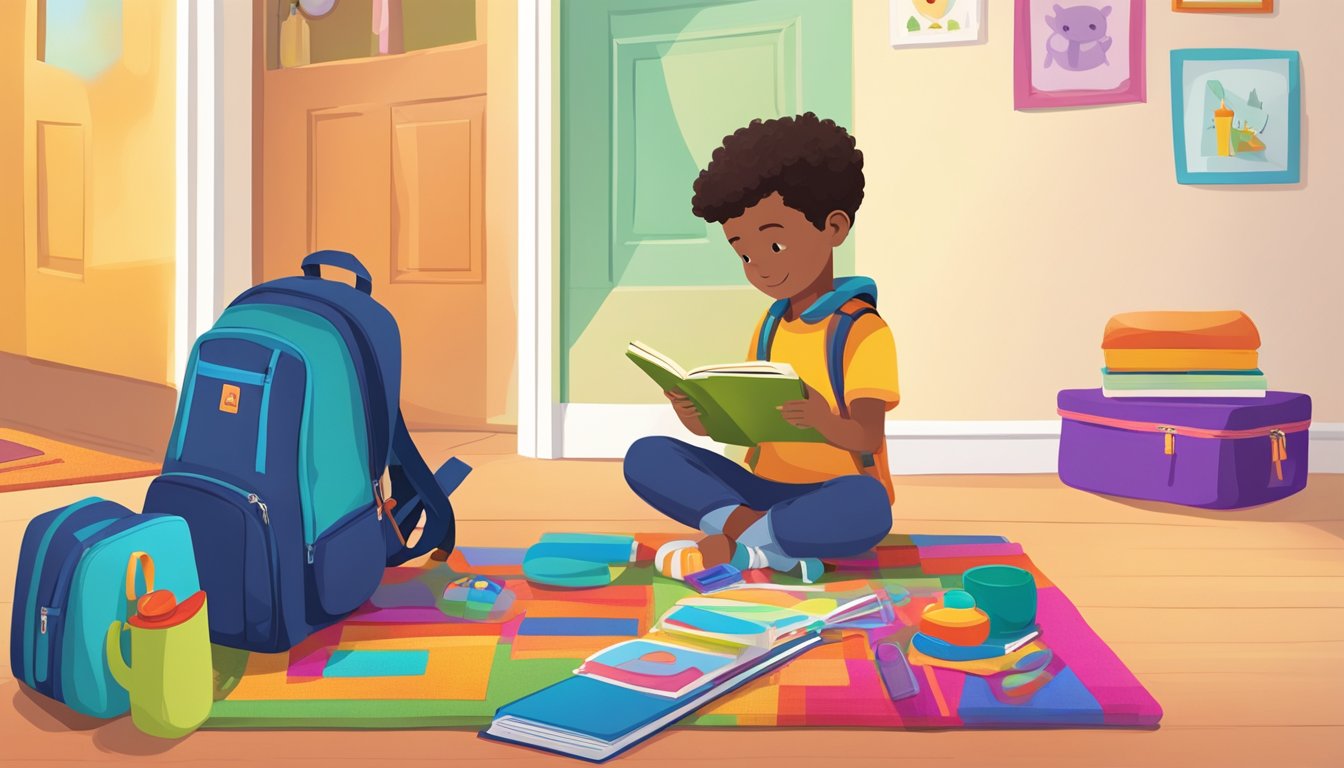 A child's backpack and lunchbox sit ready by the door. A colorful rug and small table are set up for activities. A parent holds a book, pointing to pictures and talking to the child