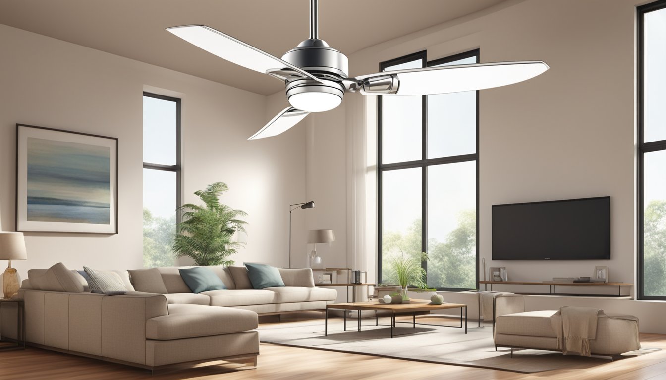 A modern ceiling fan hangs from a high ceiling, its sleek blades spinning gracefully, while soft light filters through the room, creating a comfortable and inviting atmosphere