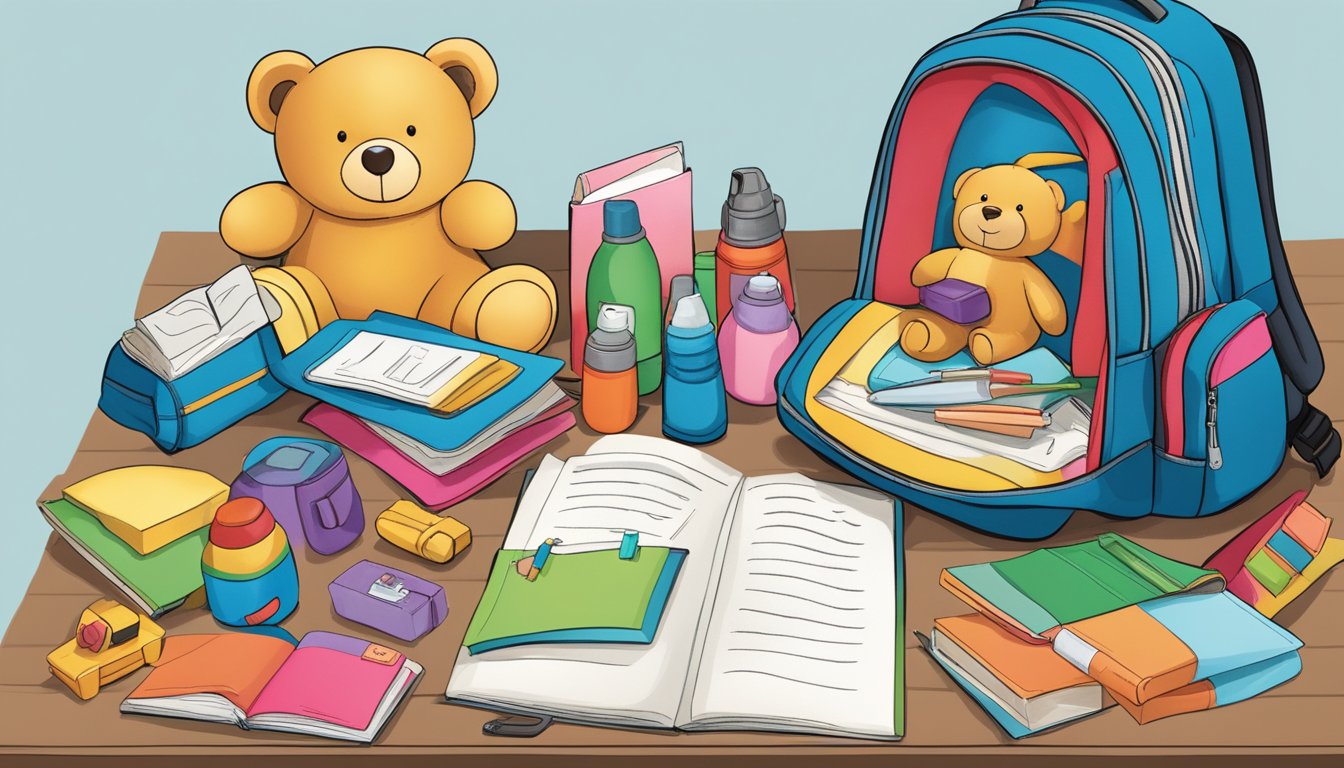 A child's backpack sits open, filled with comforting items like a favorite toy and family photo. A parent's hand writes a note of encouragement to tuck inside
