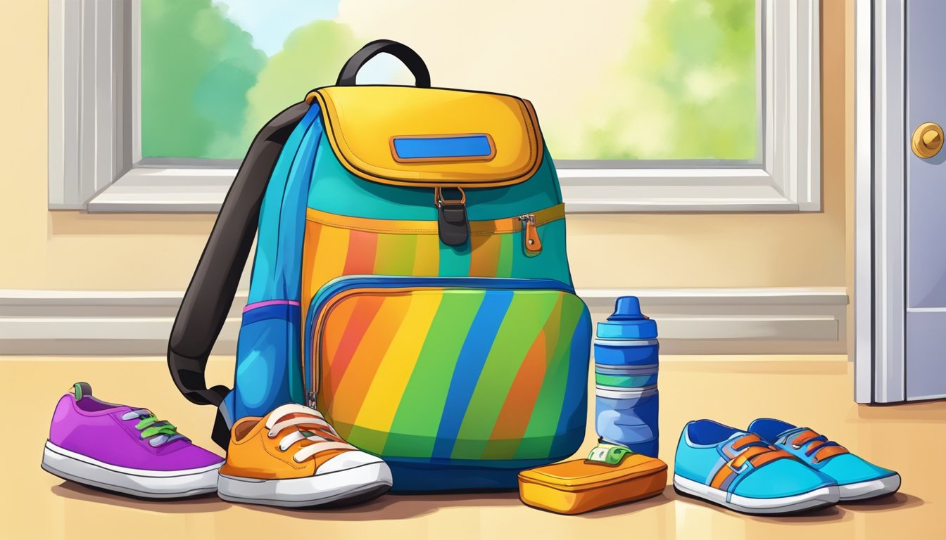A colorful backpack and lunchbox sit by the front door, ready for the first day of preschool. A small pair of shoes and a jacket hang neatly on hooks nearby