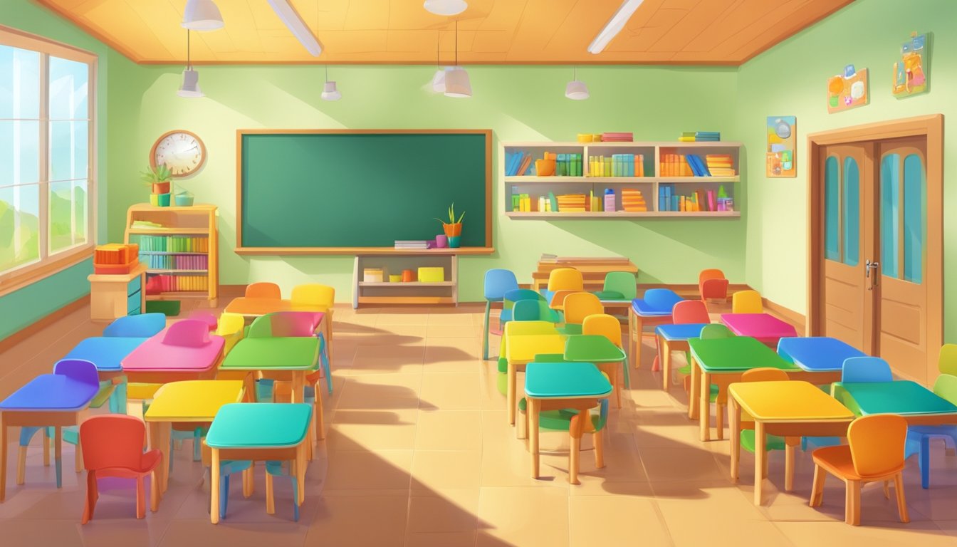 A colorful classroom with small chairs and tables, educational toys, and books. A caring teacher interacts with children, creating a warm and welcoming environment for learning and growth