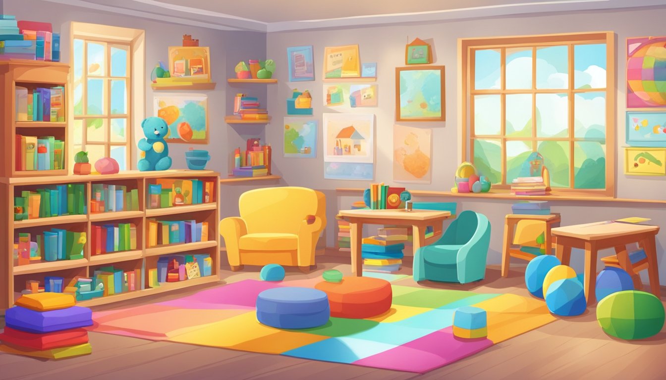 A colorful classroom with bright educational posters on the walls, small tables and chairs, shelves filled with books and toys, and a cozy reading corner with soft cushions and stuffed animals