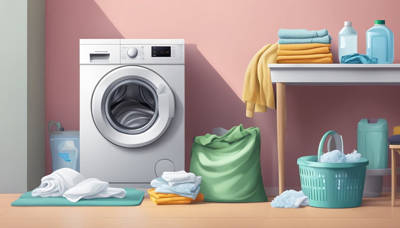 A 7kg washing machine filled with clothes, detergent, and water, ready to start a laundry session