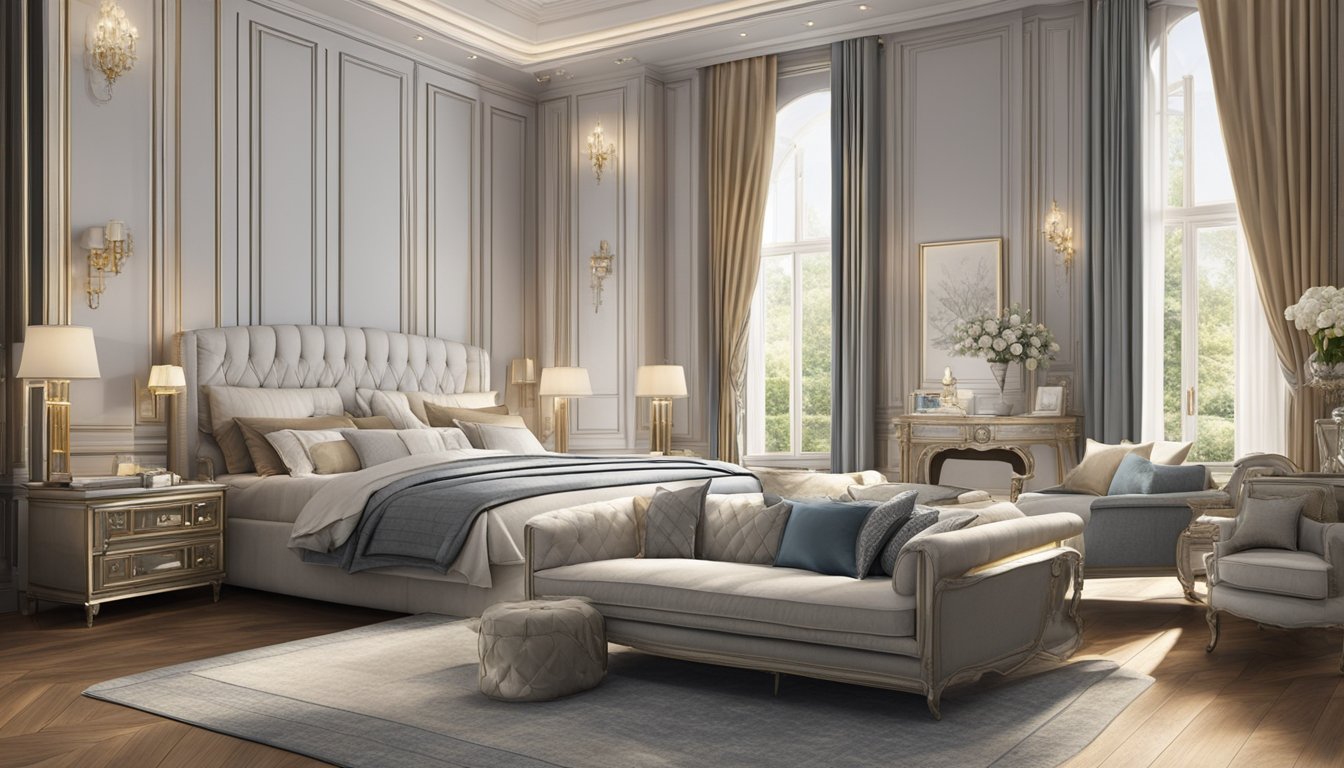 A massive bed dominates the room, dwarfing all other furniture. Its luxurious covers and pillows suggest comfort and opulence