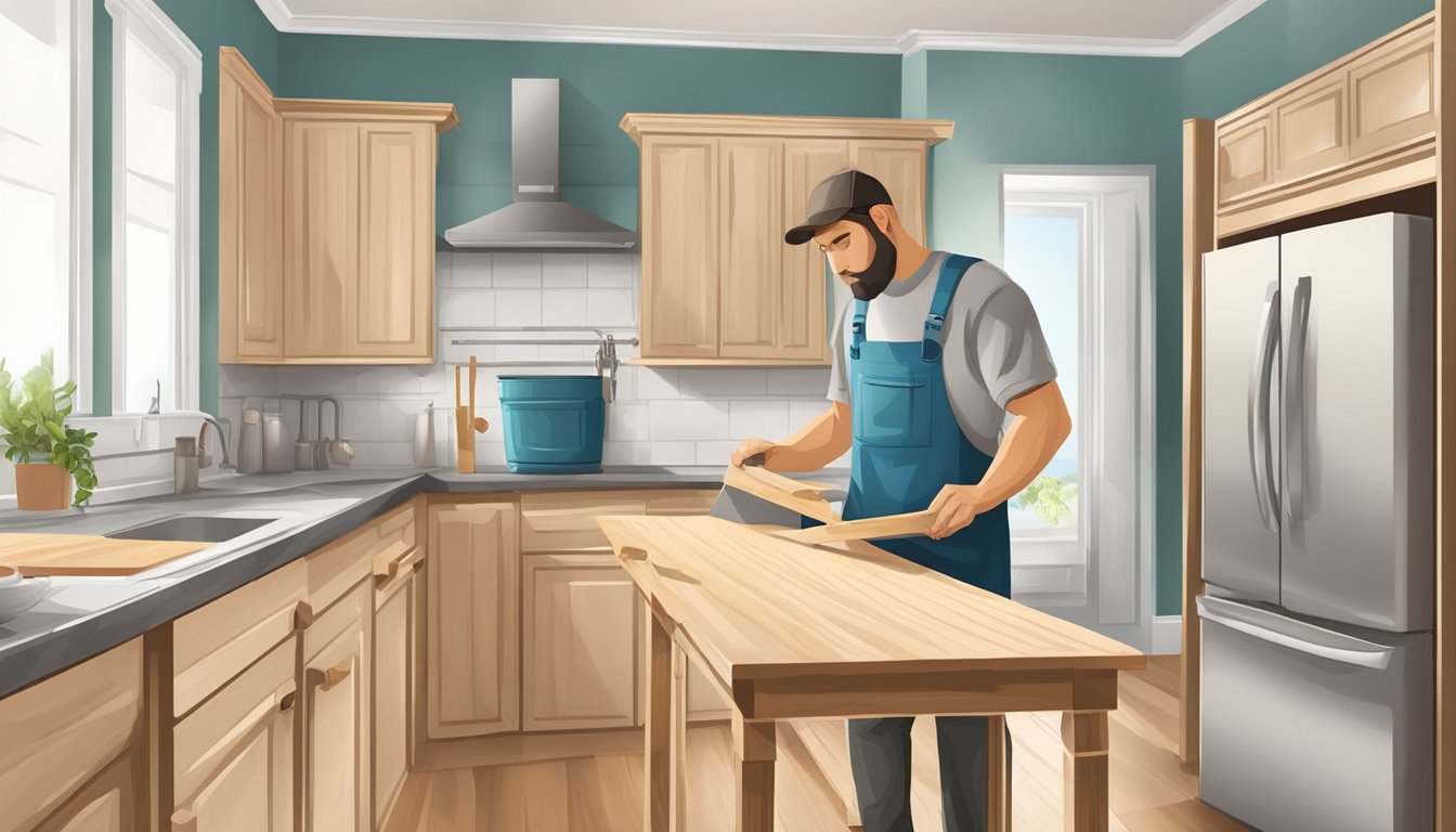 A carpenter is refinishing kitchen cabinets, sanding and painting them with precision and care