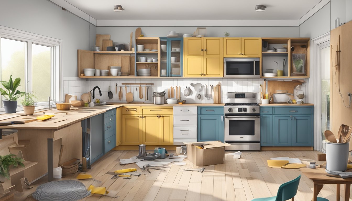 A cluttered kitchen with old, worn-out cabinets being replaced with new, modern ones. Tools and materials scattered around as the renovation is in progress