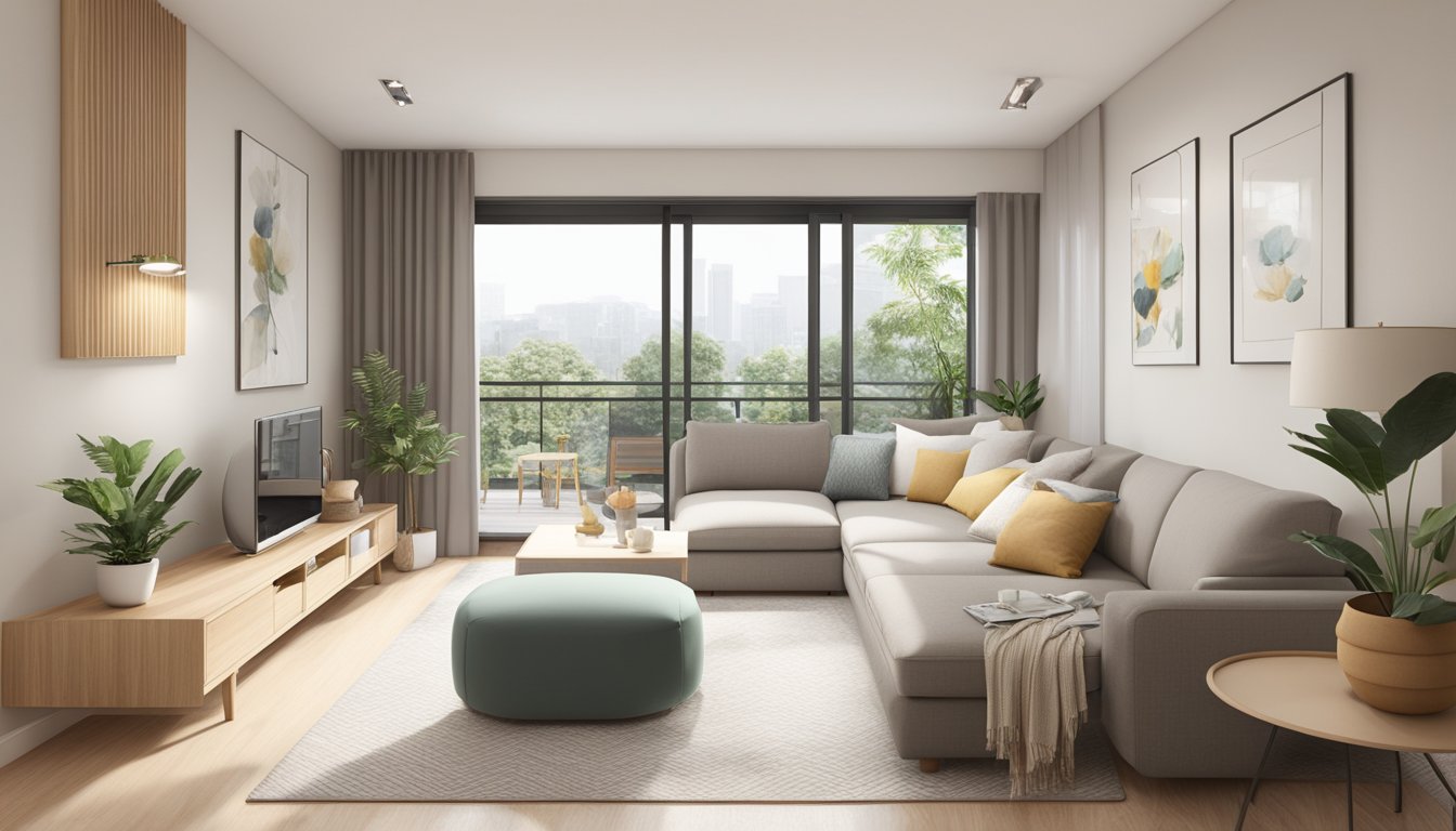 A modern 2-room BTO renovation with clean lines, minimalist furniture, and a neutral color palette. The space is filled with natural light, creating a warm and inviting atmosphere