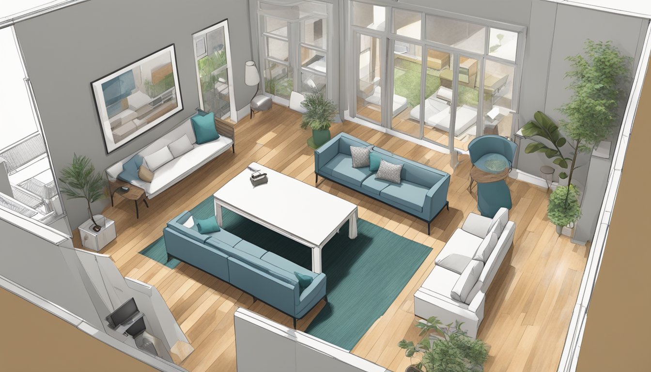 A floor plan with measurements, furniture placement, and color swatches spread out on a table for a 2-room BTO renovation