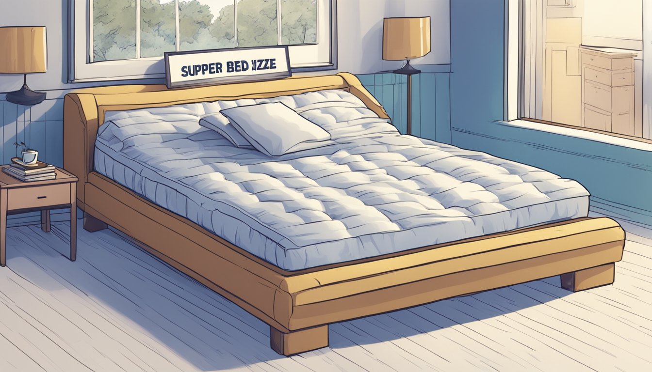 A giant bed surrounded by question marks, with a sign reading "Frequently Asked Questions super bed size" above it