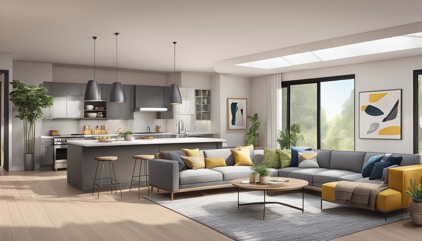 A spacious room with modern furnishings and decor, featuring a sleek kitchen and cozy living area. Bright lighting and clean lines create a welcoming atmosphere