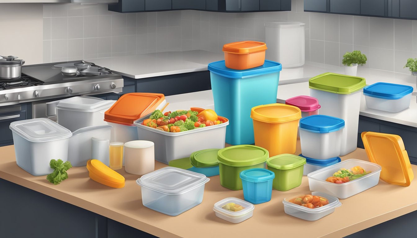 A variety of plastic food containers scattered on a kitchen counter, with some open and others closed