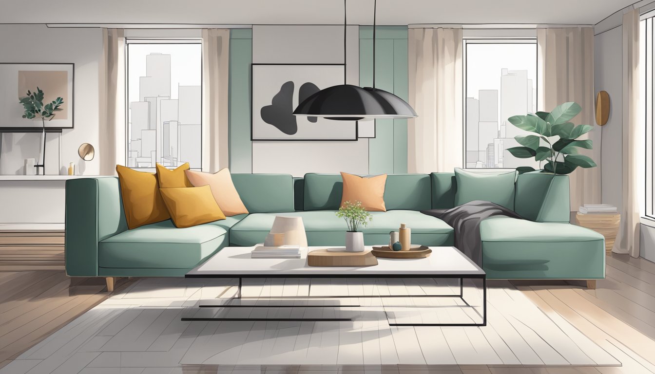 A modern, minimalist living room with clean lines, neutral colors, and a pop of color in the form of a statement piece of furniture or artwork