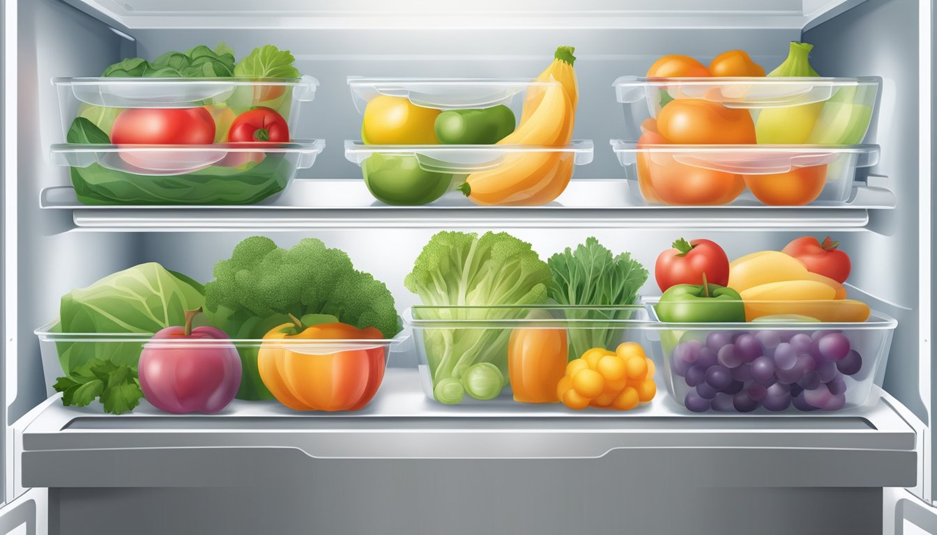 Plastic food containers sealed tightly with fresh produce inside, displayed on a clean, organized shelf in a refrigerator