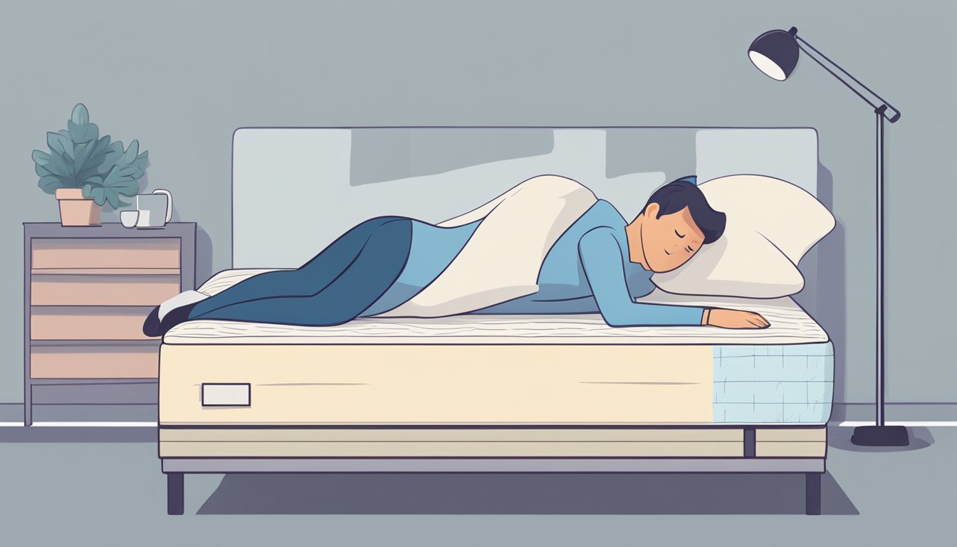 A firm mattress causing back pain. Illustrate a person lying uncomfortably on a too-firm mattress, grimacing in pain