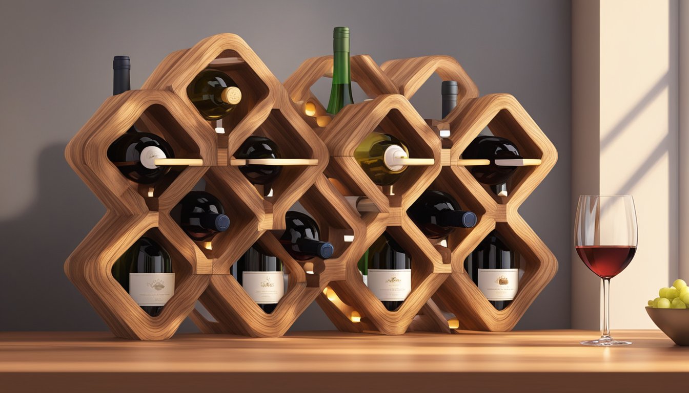 A wooden wine rack sits on a kitchen counter, holding several bottles of wine in various shapes and sizes. The warm glow of the room's lighting highlights the rich colors of the wine labels