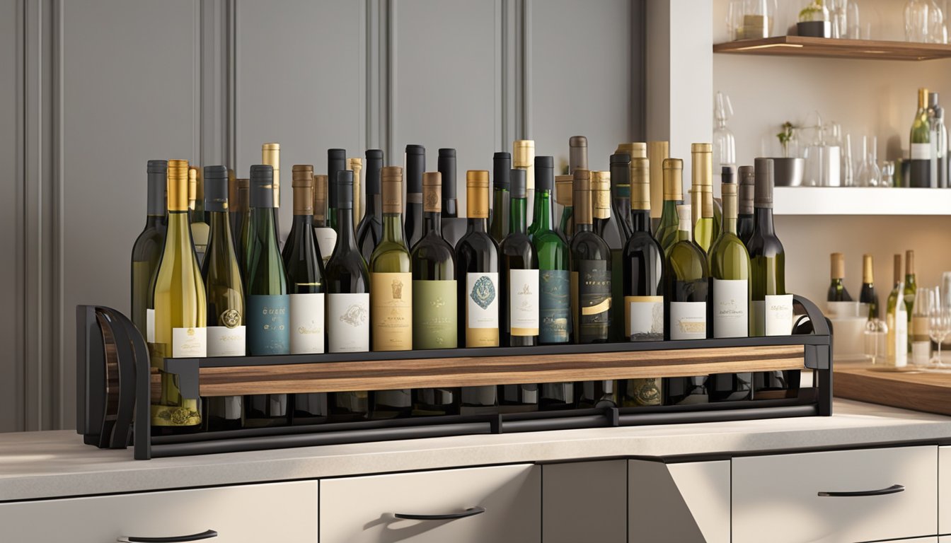 A wine rack displayed on a kitchen countertop, showcasing various bottle sizes and designs. The rack is made of sleek metal or rustic wood, with soft lighting highlighting the bottles