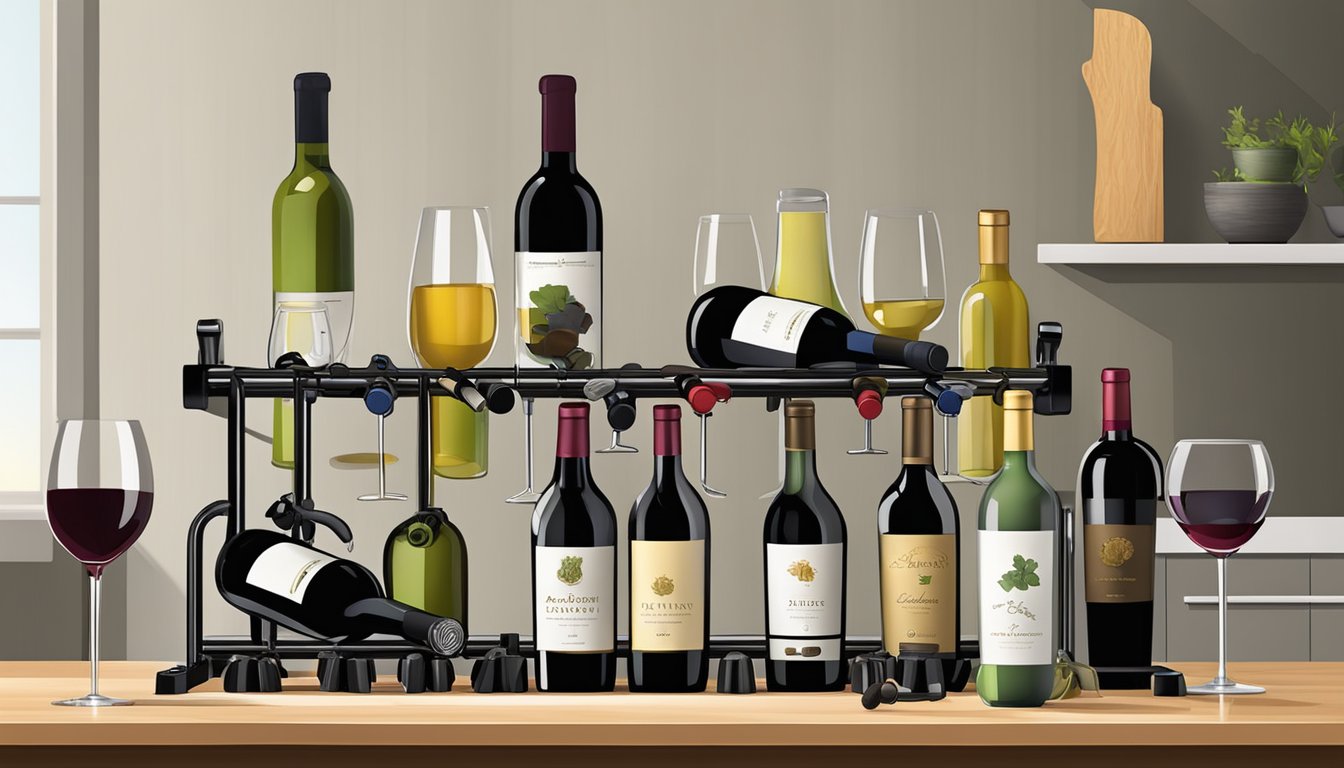 A wine rack sits on a kitchen counter, adorned with a variety of wine accessories such as corkscrews, stoppers, and aerators