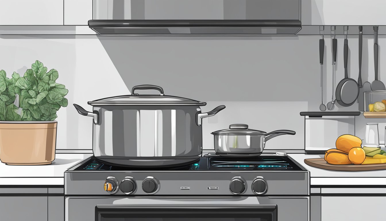 An electric stove sits in a modern Singapore kitchen, with sleek design and digital controls. A pot of food simmers on the stove's smooth glass surface