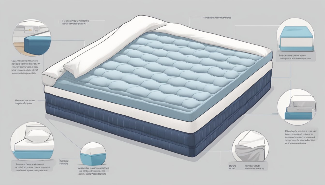 A mattress with a firm surface, a person lying on it in discomfort, and various items like pillows and mattress toppers being used to adjust the firmness