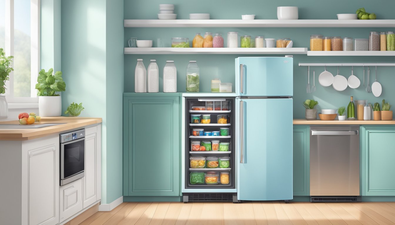 A mini fridge with a good freezer, stocked with frozen goods and ice trays, sits against a wall in a clean and organized kitchen