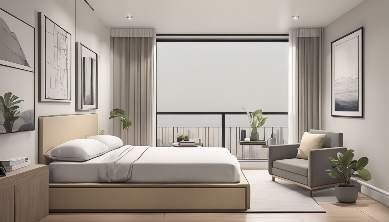 A small, minimalist bedroom with essential furniture and simple decor. Clean lines, neutral colors, and efficient use of space