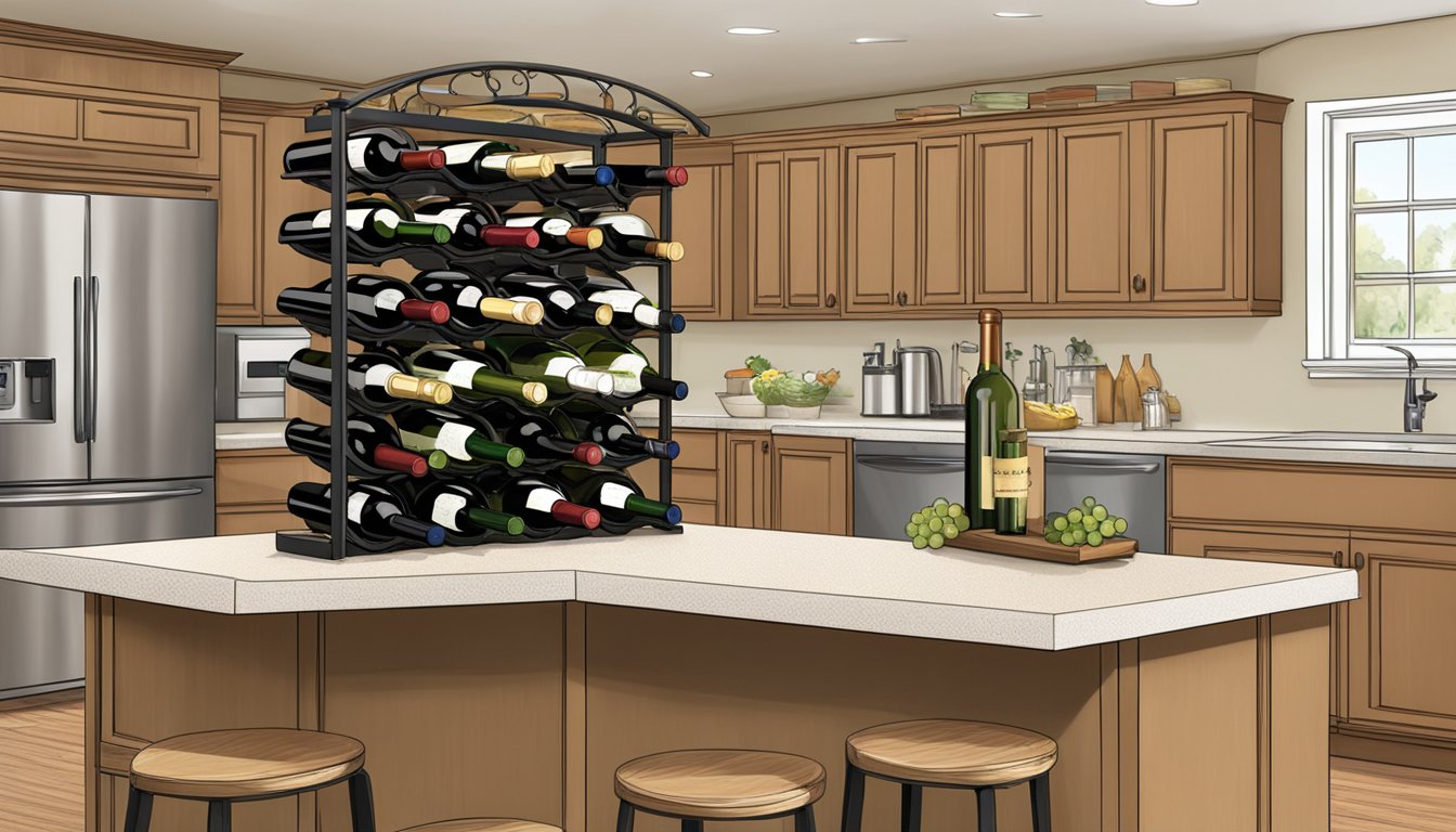 A wine rack sits on a kitchen counter, holding multiple bottles. A "Frequently Asked Questions" sign is displayed prominently, providing information to potential buyers