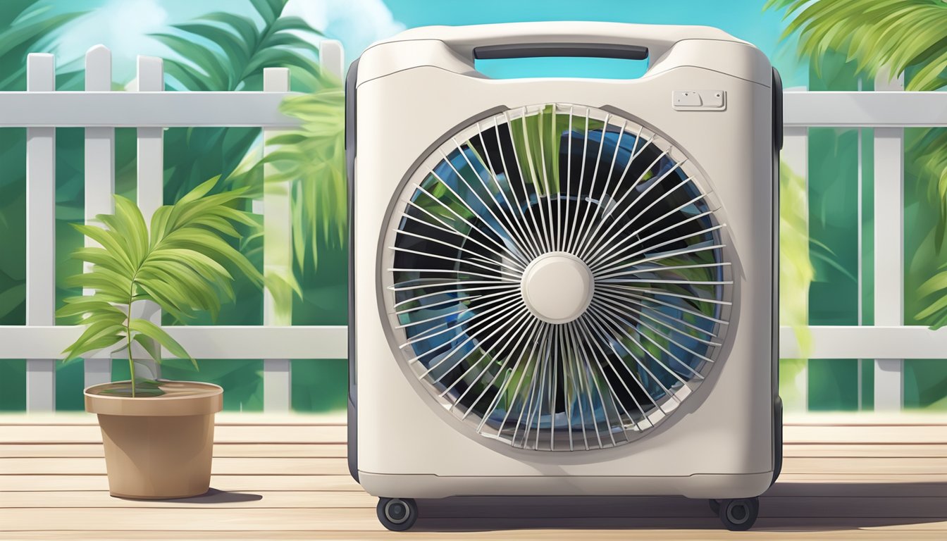 A portable cooler fan blowing air on a hot summer day
