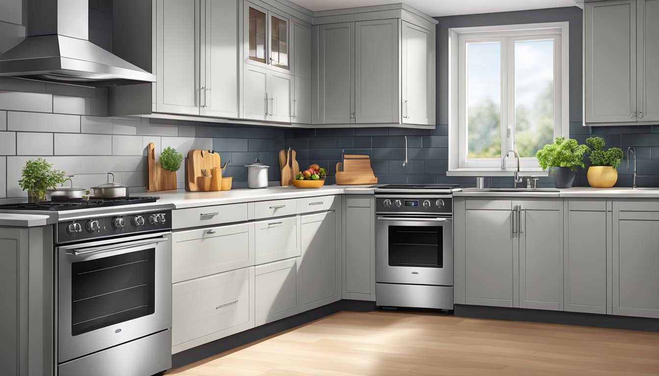 A modern electric stove in a well-organized kitchen, with safety features visible and efficient use of space