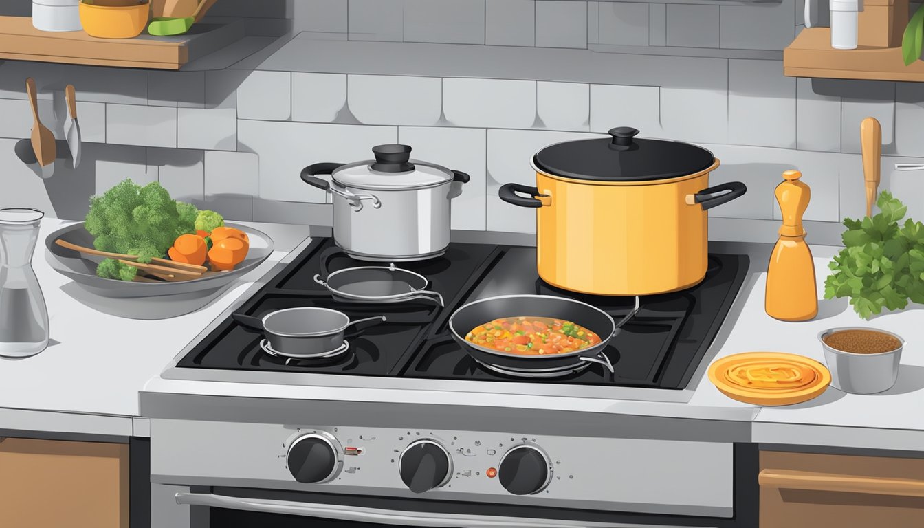 An electric stove with various knobs and buttons, surrounded by pots, pans, and utensils. A pot of boiling water steams on one burner, while a skillet sizzles on another