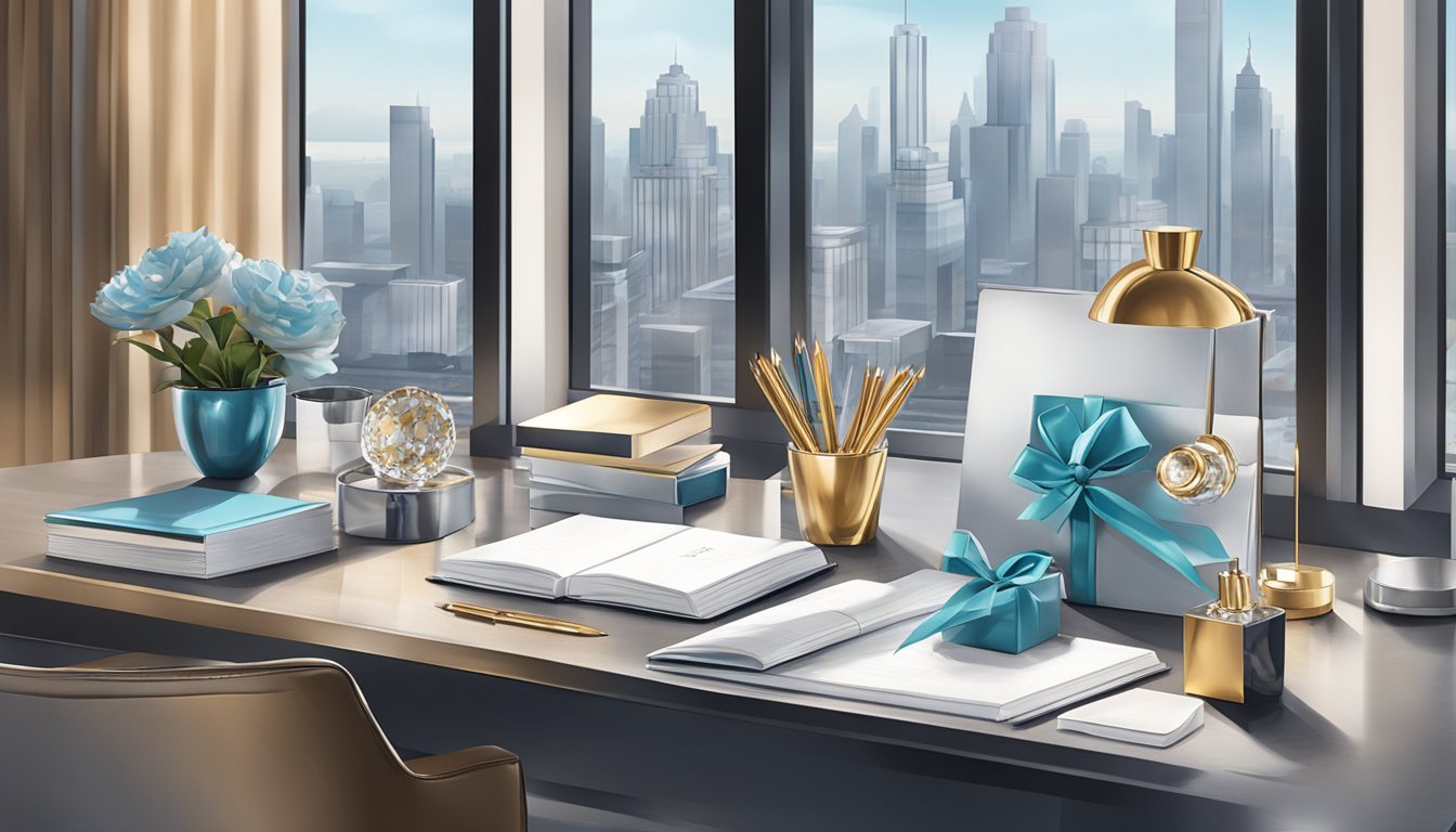 A table adorned with elegant, branded gifts: leather notebooks, crystal paperweights, and sleek metal pen sets. A backdrop of a modern office setting with large windows and city skyline