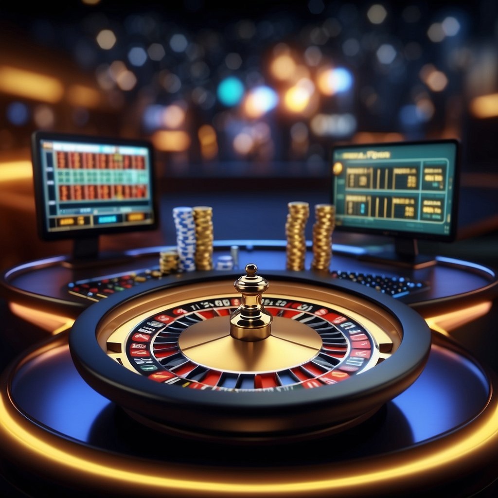 A virtual casino table with a digital display showing live Bitcoin transactions. A dealer's virtual avatar interacts with players in real-time