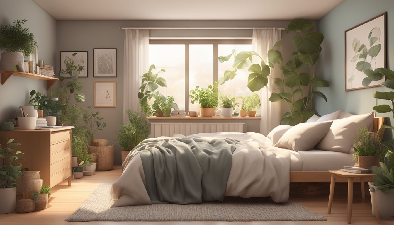 A cozy, clutter-free small bedroom with neutral colors, soft lighting, and a comfortable bed surrounded by plants and natural elements