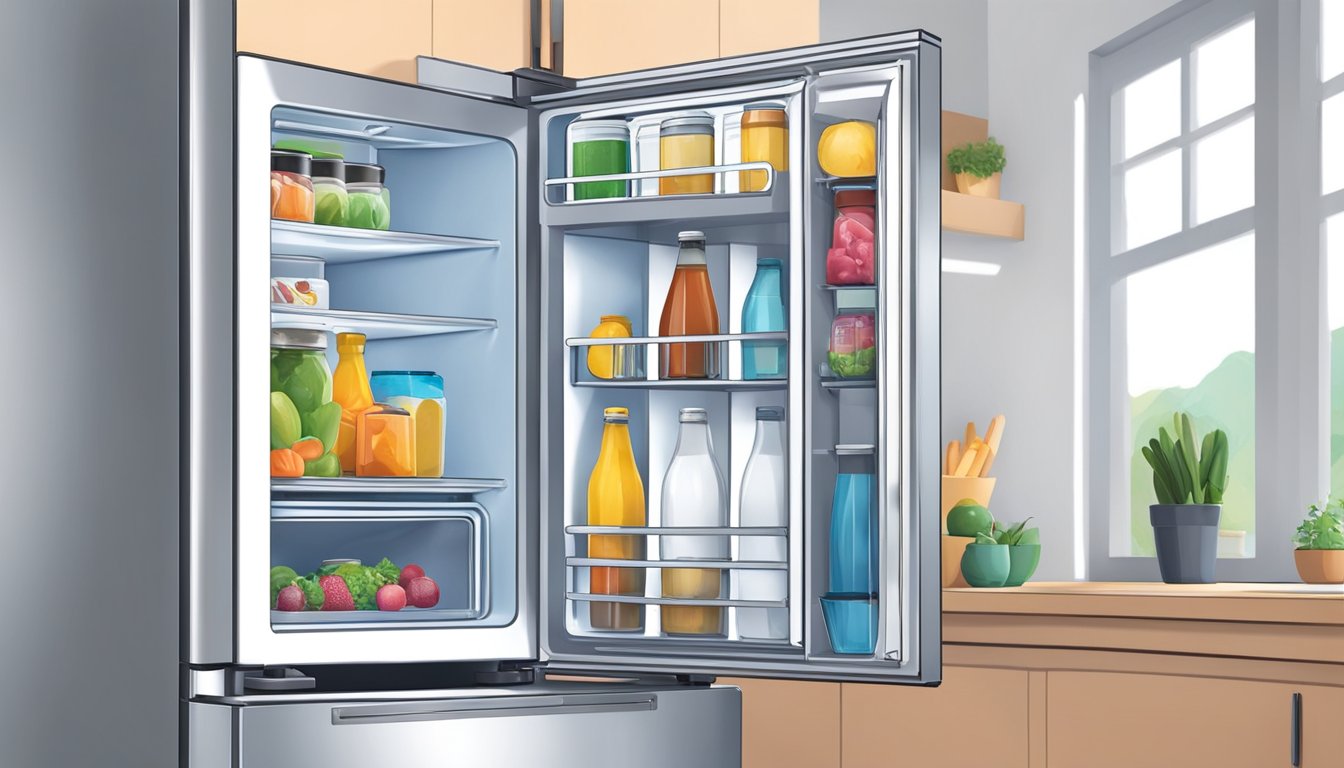 A person carefully selects a compact mini fridge with a built-in freezer, examining the sleek design and spacious interior