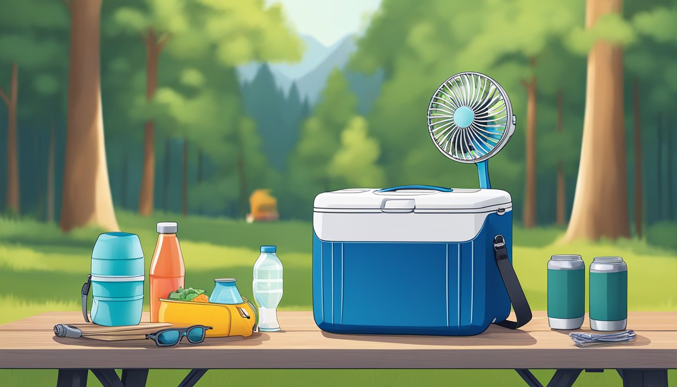 A portable cooler fan sits on a picnic table, surrounded by camping gear. The fan's blades spin, providing a cool breeze in the outdoor setting