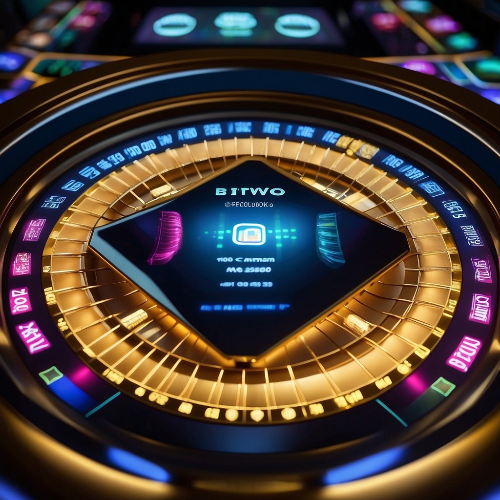 A digital screen displaying a live dealer game of Bitcoin gaming, with virtual chips and cards on the table. The background shows a futuristic and high-tech casino setting