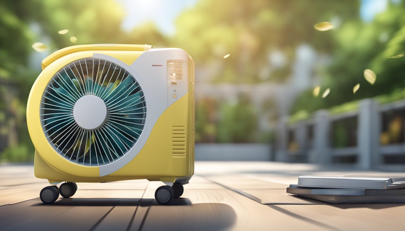 A portable cooler fan blowing cool air on a hot summer day