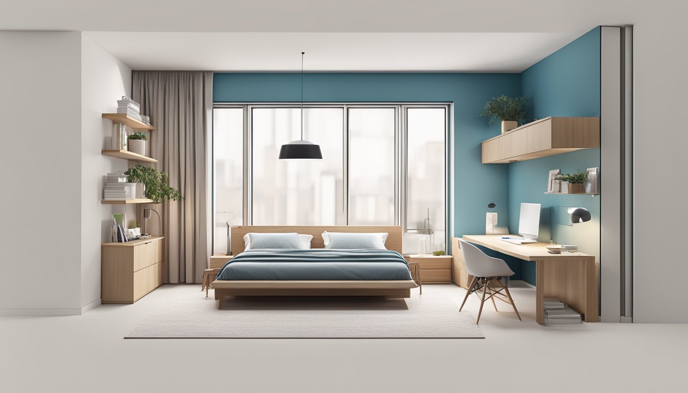 A small, minimalist bedroom with clever space-saving solutions and a clean, uncluttered design. Functional furniture and smart organization maximize the limited space