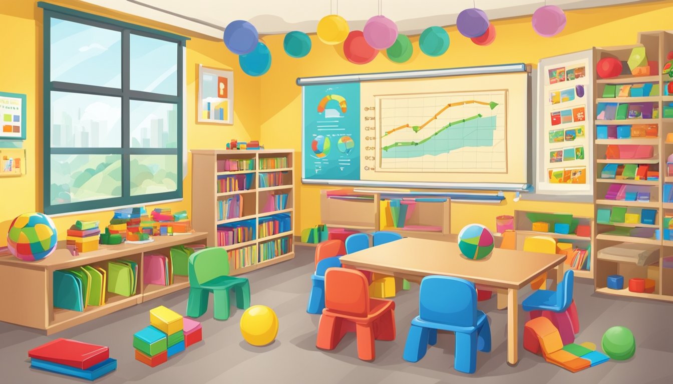 A colorful classroom with toys, books, and educational materials. A price chart on the wall shows varying costs for preschool programs in Singapore