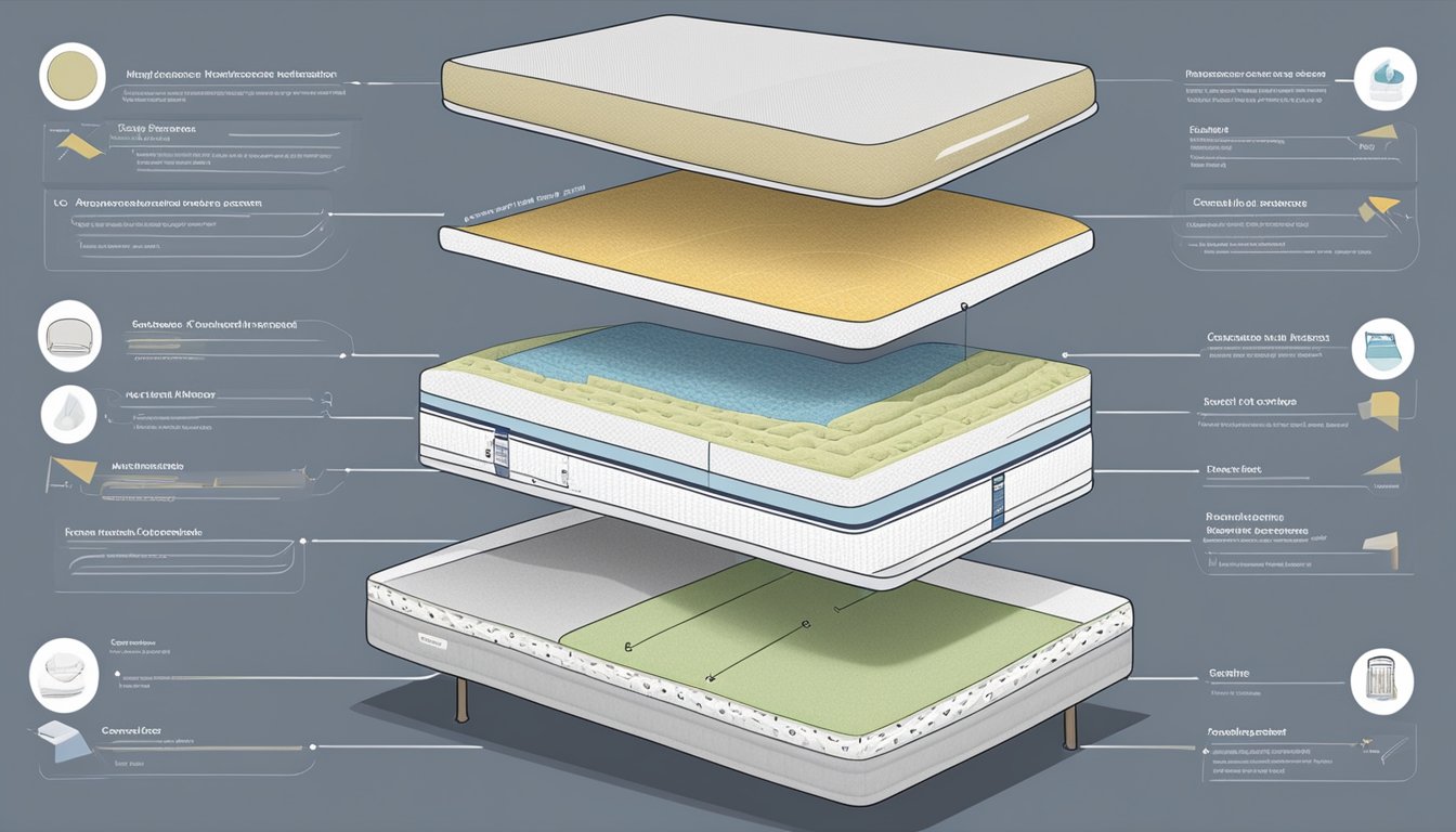 A mattress guide showing different types and features, with labels and arrows pointing to each section for easy understanding