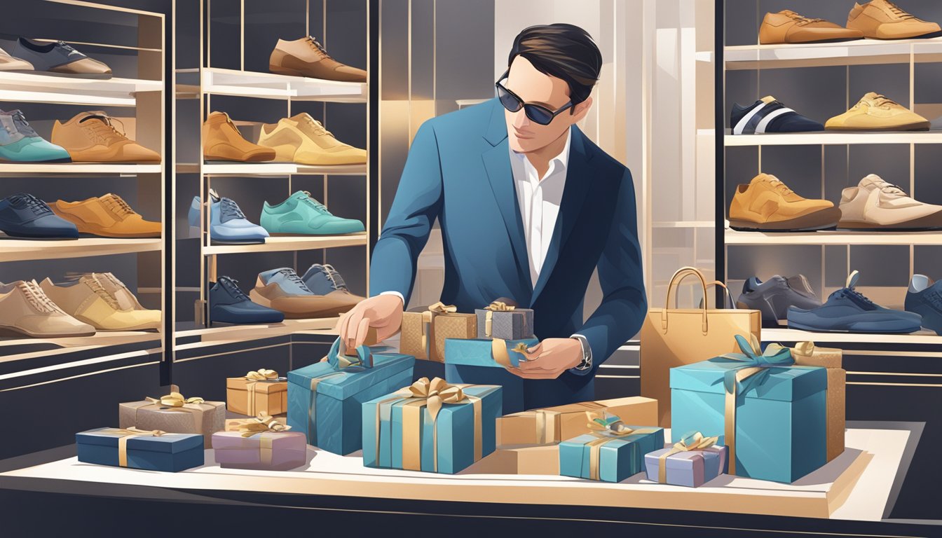 A person carefully choosing high-end corporate gifts from a display of luxury items