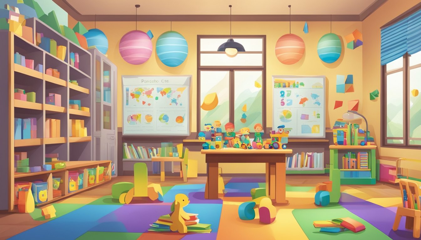 A colorful classroom with toys, books, and educational materials. A price chart on the wall shows varying preschool costs in Singapore