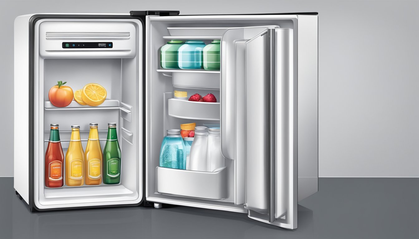 A sleek, modern mini fridge with a spacious freezer compartment, featuring clean lines and a practical design
