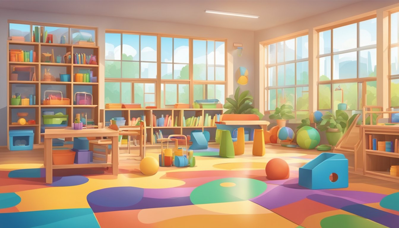A colorful classroom with diverse learning areas, books, toys, and educational materials. Outside, a playground with slides, swings, and sandpits