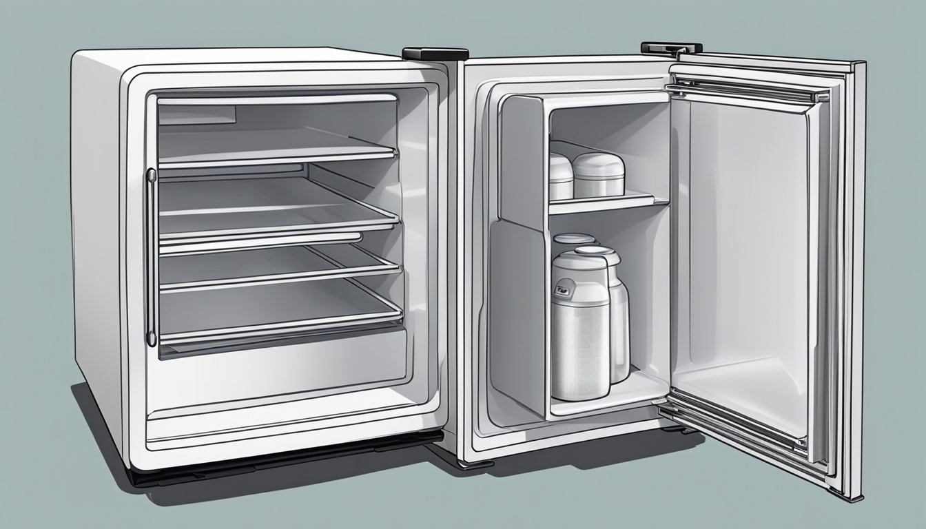 A mini fridge with a functional freezer compartment, featuring a sleek design and clear labeling for easy access to frequently asked items