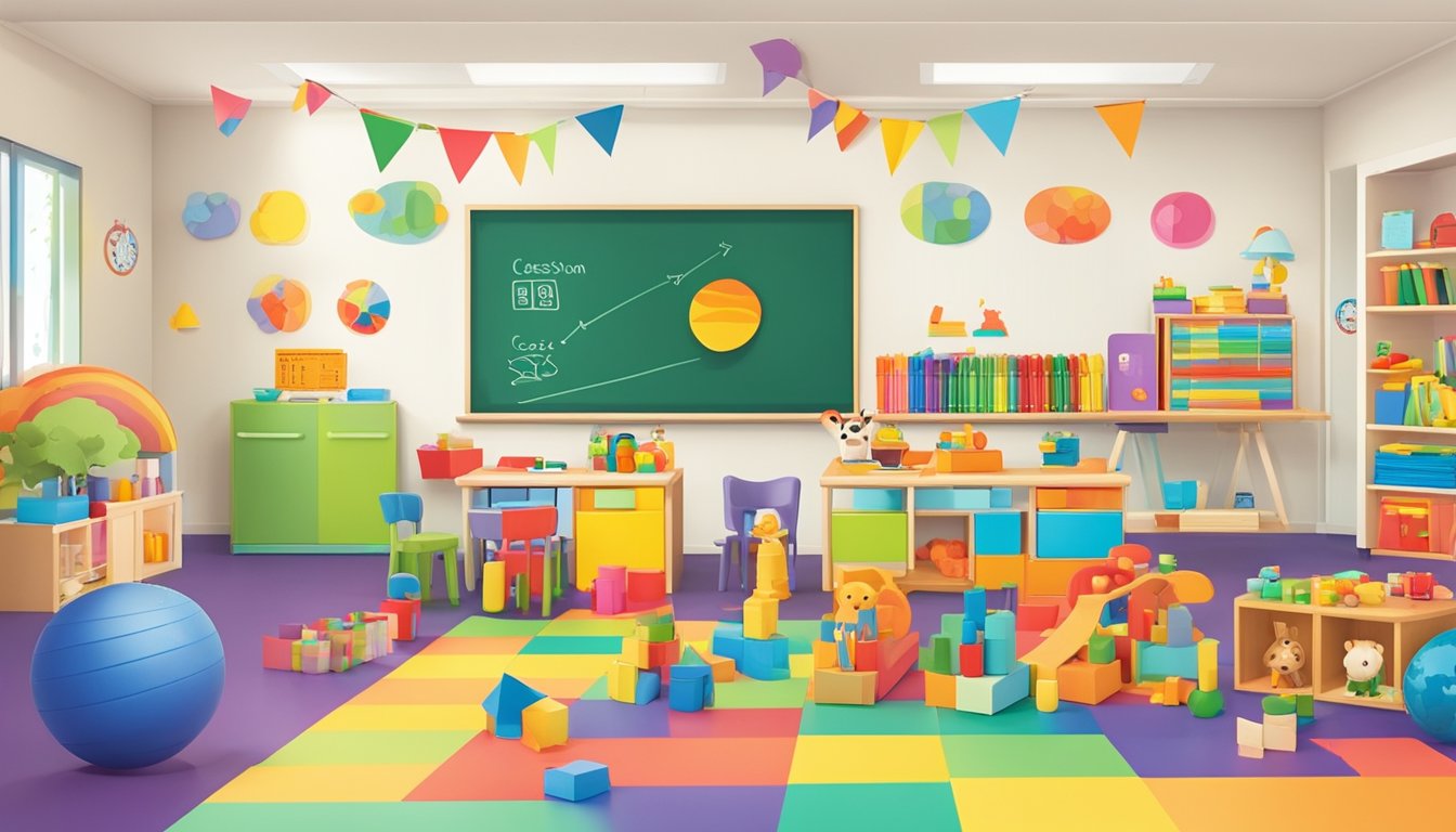A colorful and vibrant classroom setting with educational materials and toys scattered around, accompanied by a price chart or graph displaying the cost of preschool in Singapore