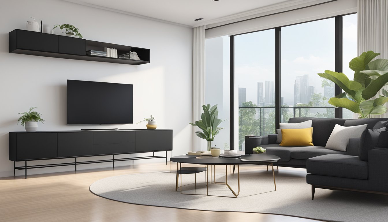 A sleek black TV console sits against a white wall in a modern Singaporean living room