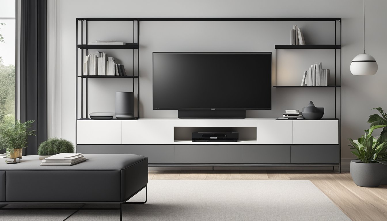 A sleek black TV console stands against a white wall, with a large flat-screen TV mounted above it. The console has clean lines and minimalistic design, with open shelving for media devices and closed storage for clutter-free organization