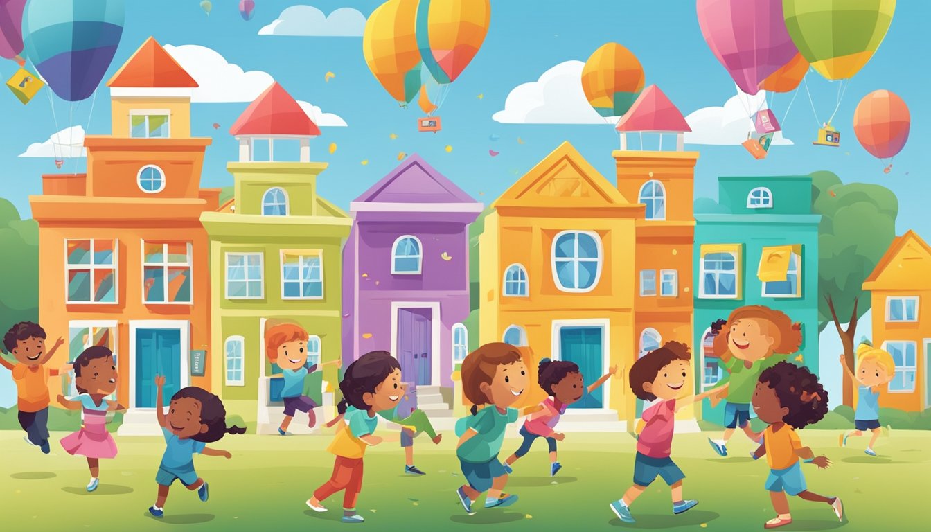 A group of colorful, diverse preschool buildings surrounded by happy children playing and learning, with price tags and financial symbols floating in the air