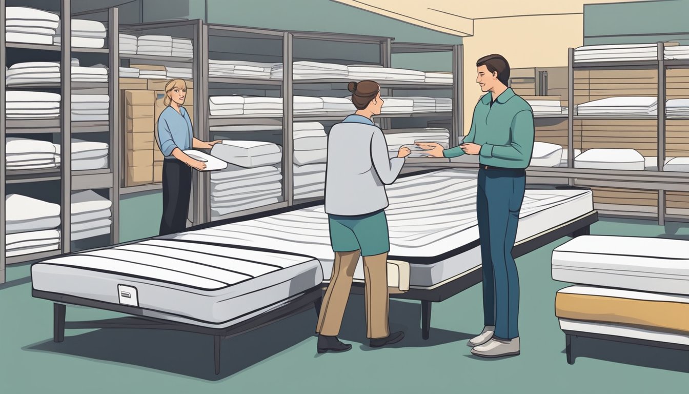 A customer examines various mattresses, comparing features and prices, while a salesperson offers guidance